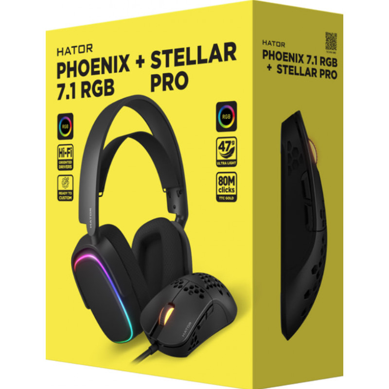 Комплект (HTR-001) чорний: Гарнітура Phoenix 7.1 RGB (HTA-842) + Миша HATOR Stellar PRO (HTM-540)