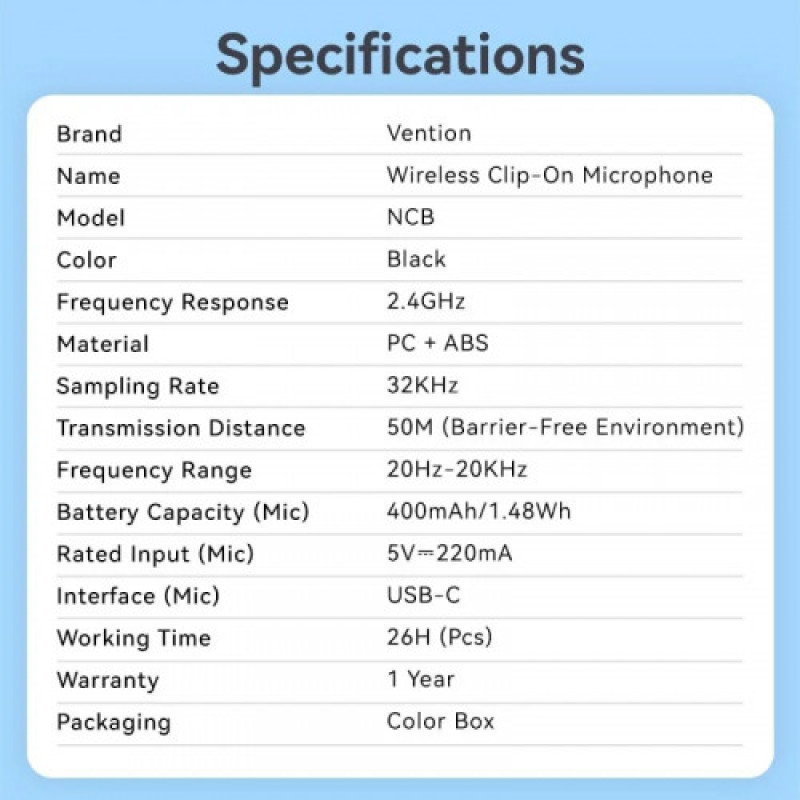 Микрофон Vention USB Type-C 2-Pack Wireless Lavalier Black (NCBB0)