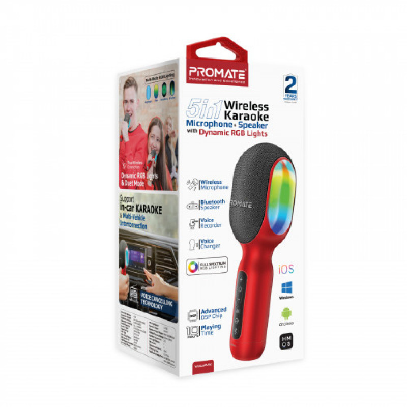 Мікрофон для караоке Promate VocalMic Bluetooth LED Red (vocalmic.red)