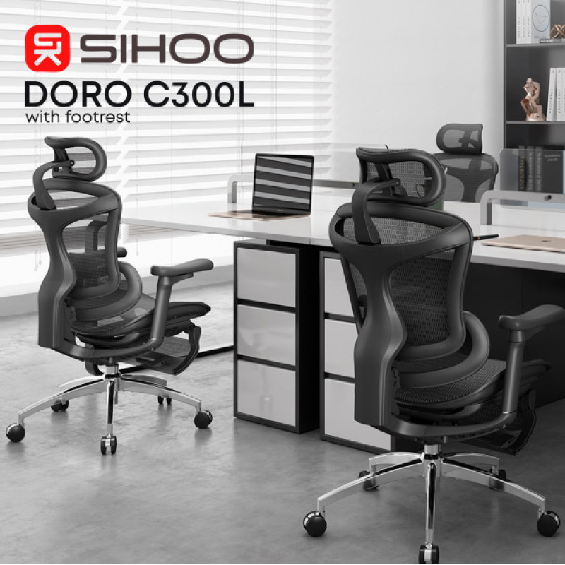 Крісло офісне з підставкою для ніг Sihoo DORO C300L Mesh Black with footrest (DORO-C300L-A3-101-JT)