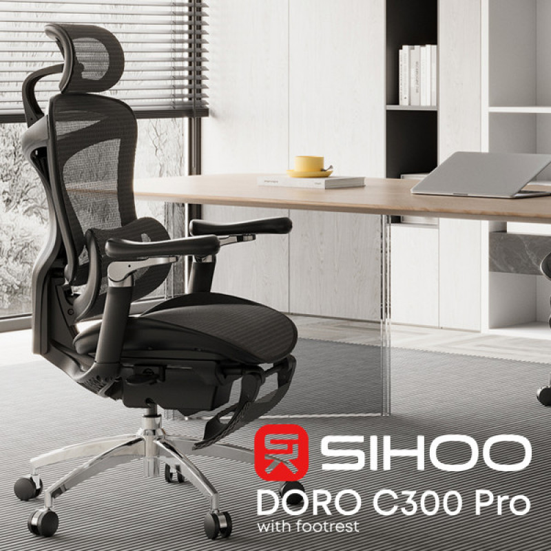 Кресло офисное с подставкой для ног Sihoo DORO C300 Pro Mesh Black with footrest (DORO-C300-PRO-M101-JT)