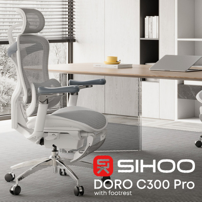 Кресло офисное с подставкой для ног Sihoo DORO C300 Pro Mesh White with footrest (DORO-C300-PRO-M102-JT)
